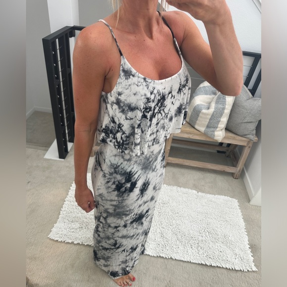 Primi tie dye gray, navy, white bodycon flowy top maxi dress casual beach pool M - Picture 5 of 11